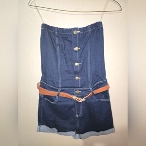 Denim Strapless Romper with Brown Belt New